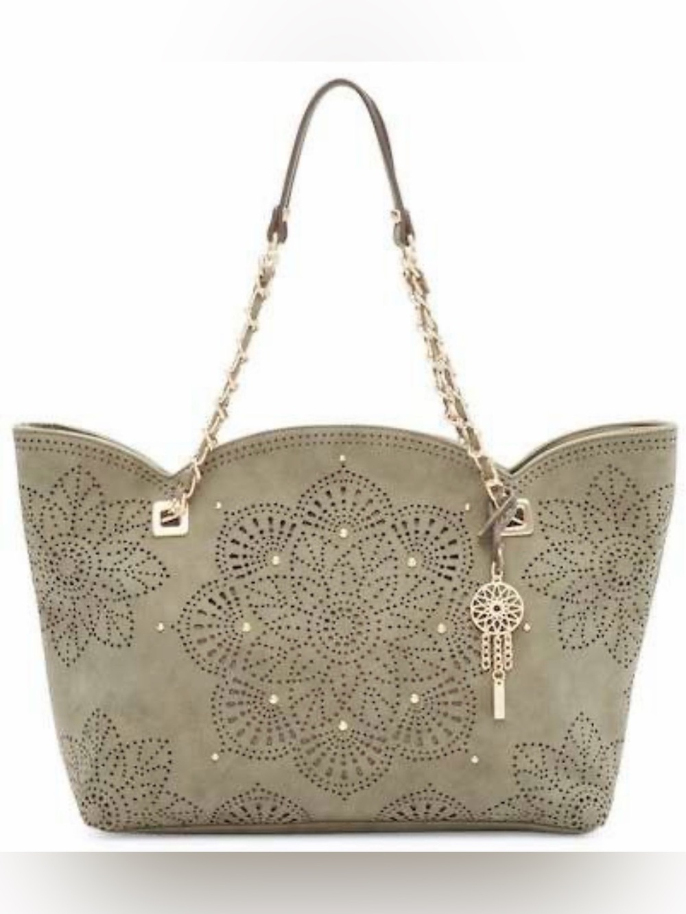 Jessica Simpson Tan Laser-Cut Tote with Gold Charm